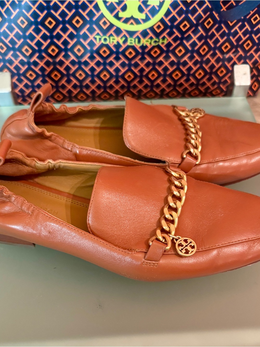 Tory Burch Women's Tan Leather Chain-Accent Loafers - Picture 3 of 7